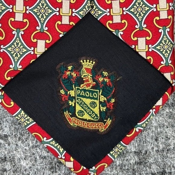 Paolo Gucci Silk Tie Mens Vintage Made In Italy Red Equestrian Chain Pattern - Picture 6 of 9